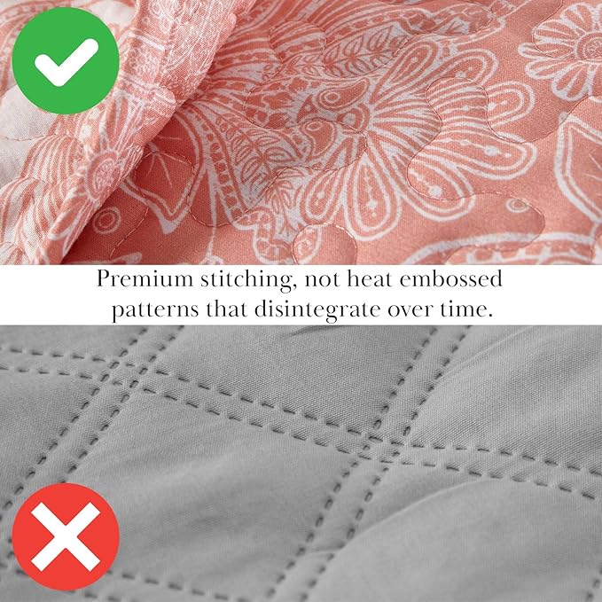 Southshore Fine Living, Inc. Paisley Quilt Queen Size Bedding Set, Summer Coverlet, Boho Bedspread, 3-Piece Farmhouse Bedding with Two Matching Pillow Shams, Full/Queen Bed Set, Reversible Coral