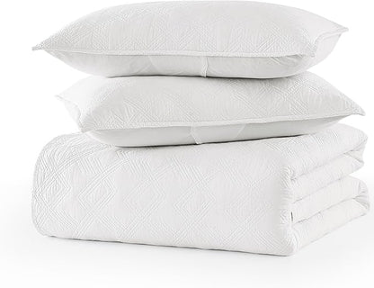 WDCOZY 100% Cotton King Size Quilt Set - White Pre-Washed Soft Lightweight Modern Bedspread, Farmhouse Country Rustic Coverlet, Textured Like Linen, Shabby Chic Gauze Bedding, 3 Pieces