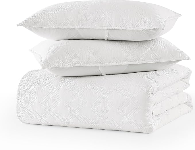 WDCOZY 100% Cotton White Oversized California King Size Quilt Bedding Sets with 2 Pillow Shams, Shabby Chic Rustic Textured Gauze Lightweight Country Soft Bedspread Coverlet for All Season