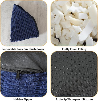 Round Stuffed Pouf Ottoman for Foot Rest, Storage Ottoman Pouf Foot Stool Cushion, Faux Fur Poufs with Foam Chunk Filling, 20 X 15 Inch Floor Chair for Living Room Bedroom Home Decor, Navy Blue