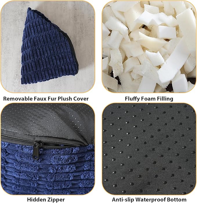 Round Stuffed Pouf Ottoman for Foot Rest, Storage Ottoman Pouf Foot Stool Cushion, Faux Fur Poufs with Foam Chunk Filling, 26 X 18 Inch Floor Chair for Living Room Bedroom Home Decor, Navy Blue