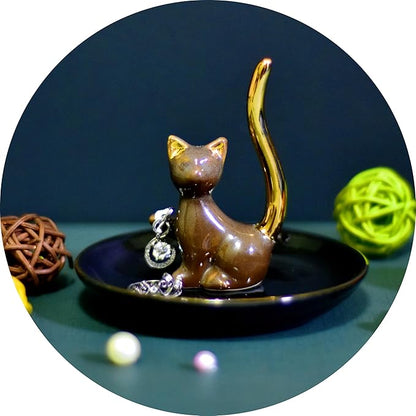 Brown Glazed Plated Gold Ceramic Elegant Engagement Wedding Cat Ring Trinket Dish