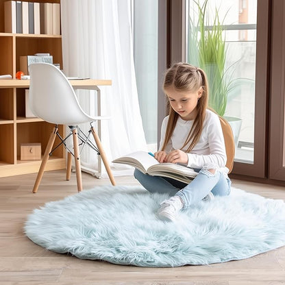 Super Area Rugs Ultra Soft & Fluffy Faux Sheepskin Rug, Teal 3 x 3 Feet Round Carpet for Bedroom Living Room