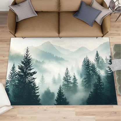Misty Forest 3x4 Area Rug Natural Landscape Washable Rugs for Living Room Bedroom, Green Woods Soft Low Pile Non Slip Accent Floor Mat Print Throw Rug Indoor Carpet Dining Room Playroom