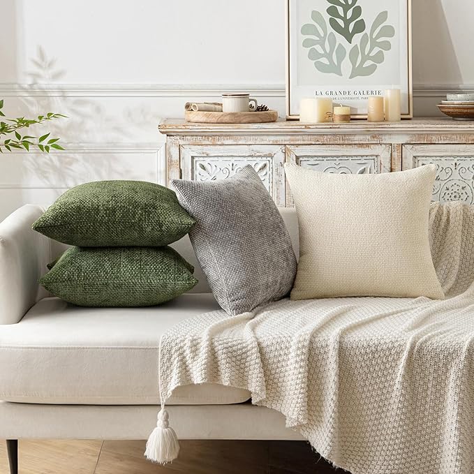 MIULEE Pack of 2 Couch Throw Pillow Covers 18x18 Inch Olive Green Modern Boho Accent Decorative Pillow Covers Soft Chenille Farmhouse Cushion Covers for Home Decor Bed Sofa Living Room