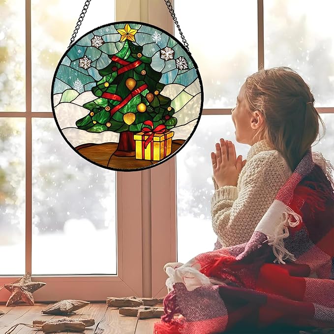 DASTOLL Stained Glass Window Hanging Green Christmas Tree Snowflake 7.8" - Suncatcher Door Garden Sun Catcher Xmas Holiday Decor Birthday for Mom Men Woman Friend Nana