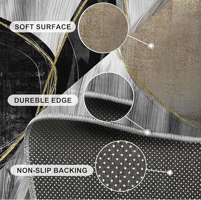 Nordic Light Luxury Gray Pebbles Gold Line Area Rug, Mid-Century Abstract Black Brown Circle Outdoor Carpe, Machine Washable Breathable Durable Carpet for Front Entrance Floor Decor,5.3 x 8ft