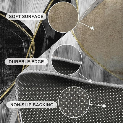 Nordic Light Luxury Gray Pebbles Gold Line Area Rug, Mid-Century Abstract Black Brown Circle Outdoor Carpe, Machine Washable Breathable Durable Carpet for Front Entrance Floor Decor,3 x 4ft