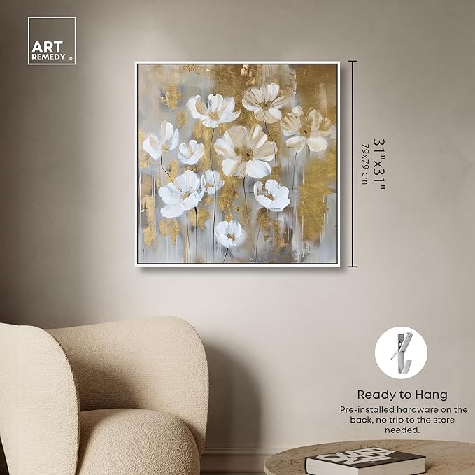 Art Remedy Golden Daisies Canvas Elegant White Gold Wall Art, White Frame, 30" x 30"