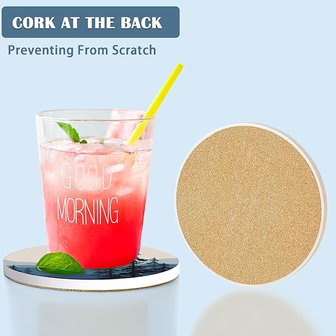 Drink Coasters Set of 4,Mountain and Tree Sunset Landscape Coasters for Drinks Ceramic Coasters with Cork Bottom for Kinds of Mugs and Cups,Home Decor,4''