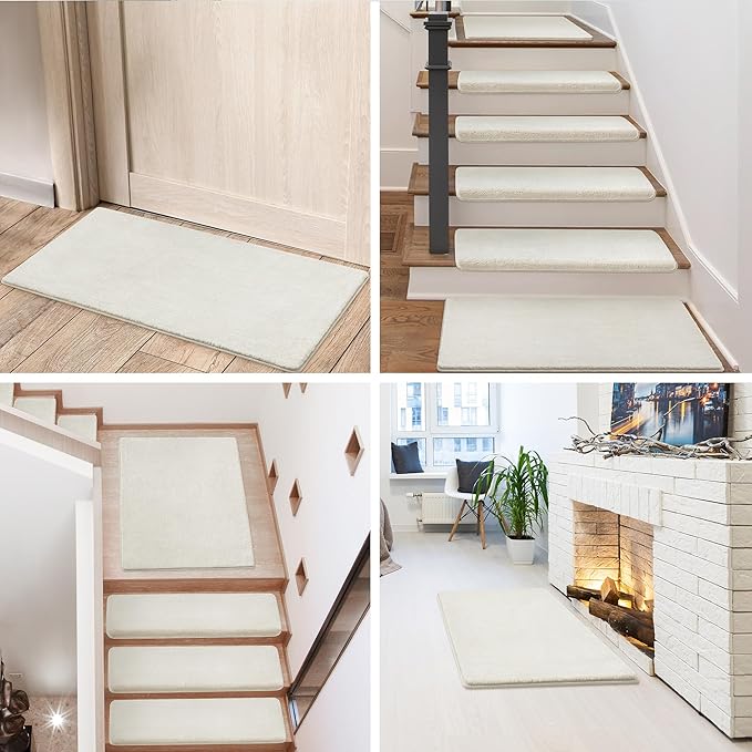 PURE ERA Carpet Stair Tread Landing Mat Area Rug Ultra Plush Shag Soft Non Slip Skid Resistant Tape Free Indoor Doormat Washable Reusable White 2' X 3'