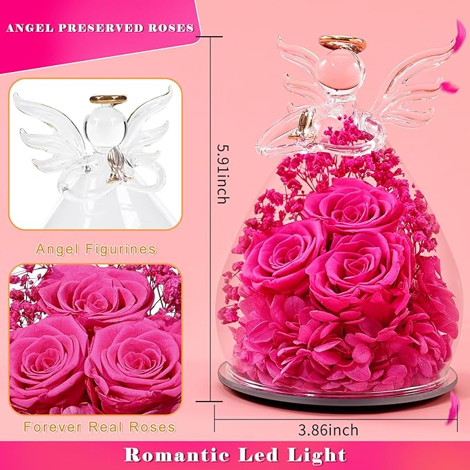 Beferr Valentines Day Rose Gifts for Her Women Mom Gifts for Birthday, Fresh Flowers for Delivery Prime Forever Preserved Rose in Glass Angel Figurine, for Grandma Wife Kids Daughter