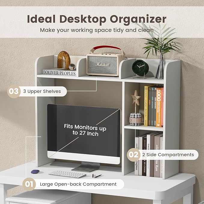 Desktop Bookshelf, 3-Tier Wood Countertop Bookcase with 5 Shelves, Desk Hutch for College Dorm, Multipurpose Desk Organizer Shelf Display Rack for Home Office, Hutch Top Only
