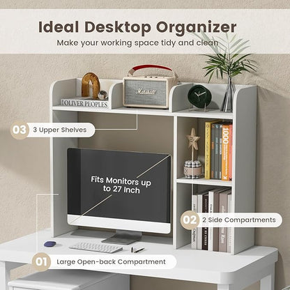 Desktop Bookshelf, 3-Tier Wood Countertop Bookcase with 5 Shelves, Desk Hutch for College Dorm, Multipurpose Desk Organizer Shelf Display Rack for Home Office, Hutch Top Only