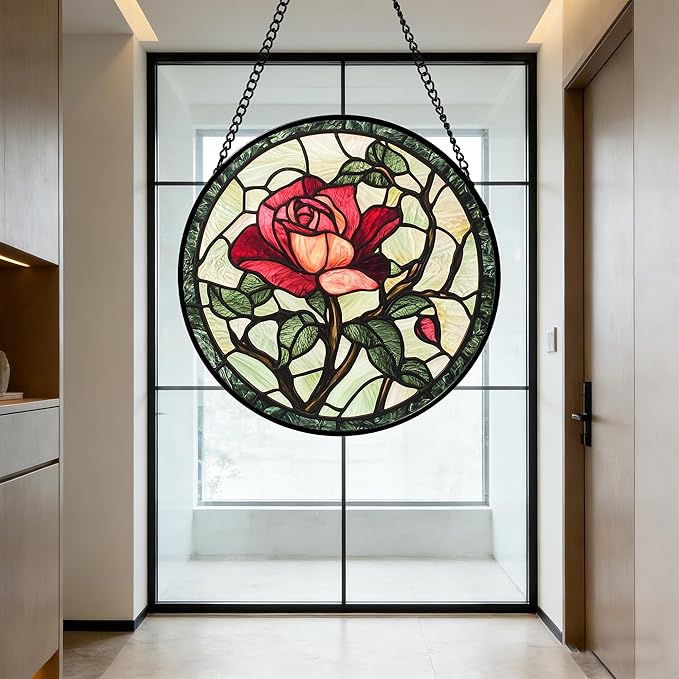 Stained Glass Window Hanging, Red Rose Flowers Sun Catcher for Door Garden Home Decor Suncatcher Christmas Mother's Day Birthday Gifts for Women Lovers Men Wife Girlfriend Mom Nana 7.8 in