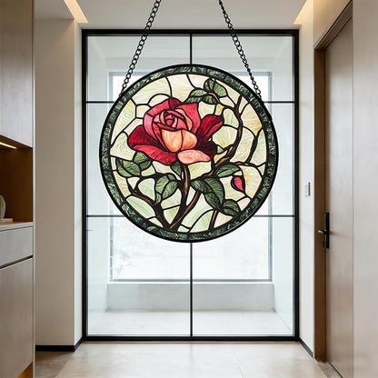 Stained Glass Window Hanging, Red Rose Flowers Sun Catcher for Door Garden Home Decor Suncatcher Christmas Mother's Day Birthday Gifts for Women Lovers Men Wife Girlfriend Mom Nana 11.8 in