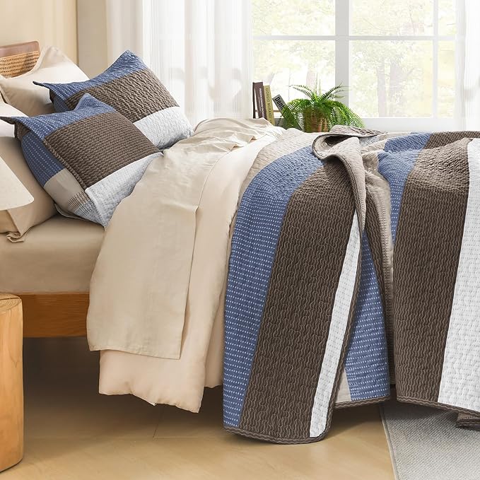 Litanika Quilt Queen Size BluC, Stripe Patchwork Summer Bedspread Coverlet 3 Pieces, Soft Lightweight Microfiber Quilted Bedding Set for All Season(1 Quilt, 2 Pillowcases)