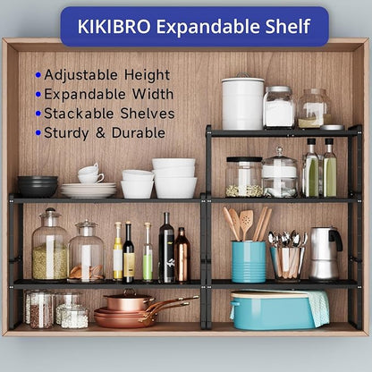 Expandable Cabinet Shelf Organizers, Kitchen Small Stand Rack Organization for Countertop Cupborad Pantry, Black 1 Pack