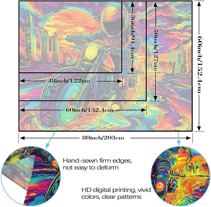 Blacklight Astronaut Tapestry Wall Hanging Space Galaxy Travel Funny Motorcycle Tapestries for Bedroom Colorful Aesthetic Cool Wall Art for Guys Gamer Room Dorm Living Room (motorcycle, 48''×36'')
