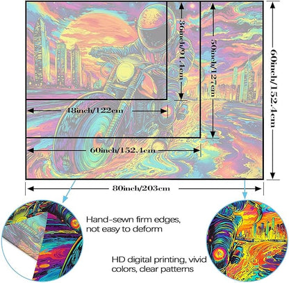 Blacklight Astronaut Tapestry Wall Hanging Space Galaxy Travel Funny Motorcycle Tapestries for Bedroom Colorful Aesthetic Cool Wall Art for Guys Gamer Room Dorm Living Room (motorcycle, 80''×60'')