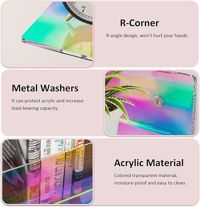 Sezanrpt 15 Inches Iridescent Acrylic Shelves, Wall Mounted Shelves for Bedroom, Wall Display Shelves for Collectibles, Funko Pop, Speaker, Plants, Space Saver, Wide Application, 4 Pack