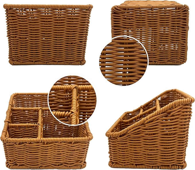 Rattan Remote Control Holder, Wicker Desk Organizer Basket for TV Remotes, Office Supplies, Makeup Brushes, Handwoven Storage Caddy for Tabletop, Shelf, or Kitchen Use (Golden Oak)