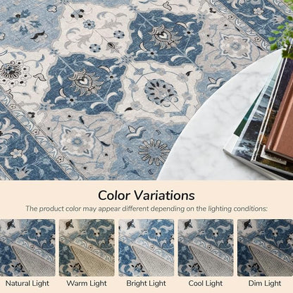 Lessymo Moroccan Washable Rugs for Entryway, Faux Wool 2x3 Small Area Rug for Kitchen Bathroom Corridor - Non-Slip Indoor Door Mat Low Plie Stain Resistant Boho Runner Rug, Muted Blue and Gray