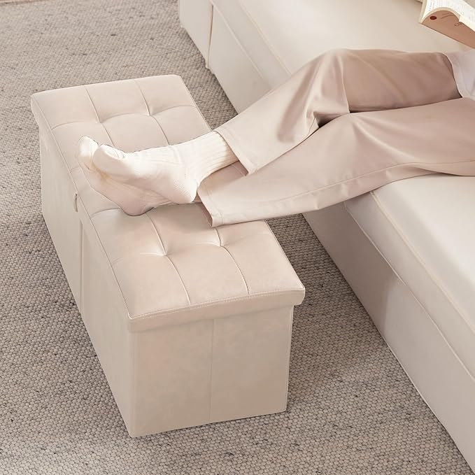 HAUSFRAU 31.5 Inches Ottoman with Storage Bench, Folding Ottoman Bench Small Foot Rest Stool, Bedroom Bench with Flipping Lid, Faux Leather Ivory