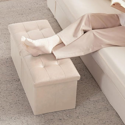 HAUSFRAU 31.5 Inches Ottoman with Storage Bench, Folding Ottoman Bench Small Foot Rest Stool, Bedroom Bench with Flipping Lid, Faux Leather Ivory