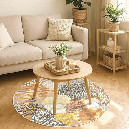 DEXDE Round Rug 4ft Washable Circle Area Rugs Non Slip Low Pile Boho Floral Small Circular Carpet for Bedroom Bathroom Entryway Kids Room Office Dining Room,Camel