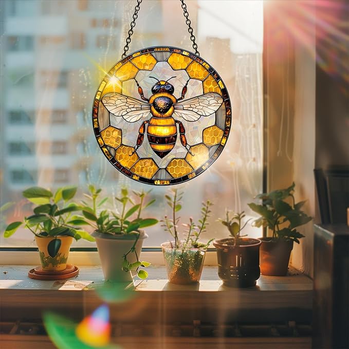 Bimkole Bee Sun Catchers Indoor Window - Animals Acrylic Suncatcher Hanging Decoration for Living Room Bedroom Summer Home Balcony Outdoor Garden Ornaments Decoration 7.8x7.8 Inch