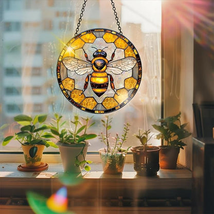 Bimkole Bee Sun Catchers Indoor Window - Animals Acrylic Suncatcher Hanging Decoration for Living Room Bedroom Summer Home Balcony Outdoor Garden Ornaments Decoration 7.8x7.8 Inch