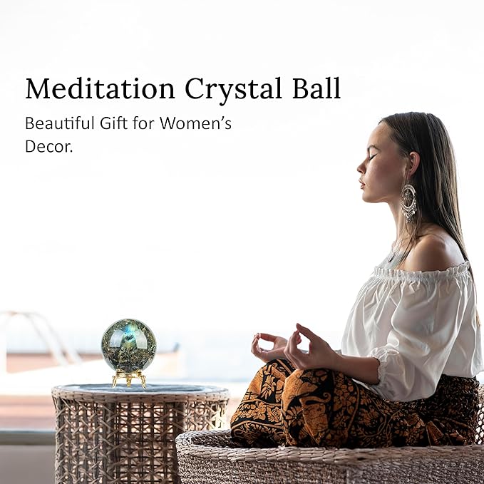 Crocon 50mm Labradorite Stone Sphere Ball with Metal Stand 1400+ Carats Gemstone Ball Healing Sphere Sculpture Figurine for Fengshui Divination Home Decoration Photography Crystal Sphere