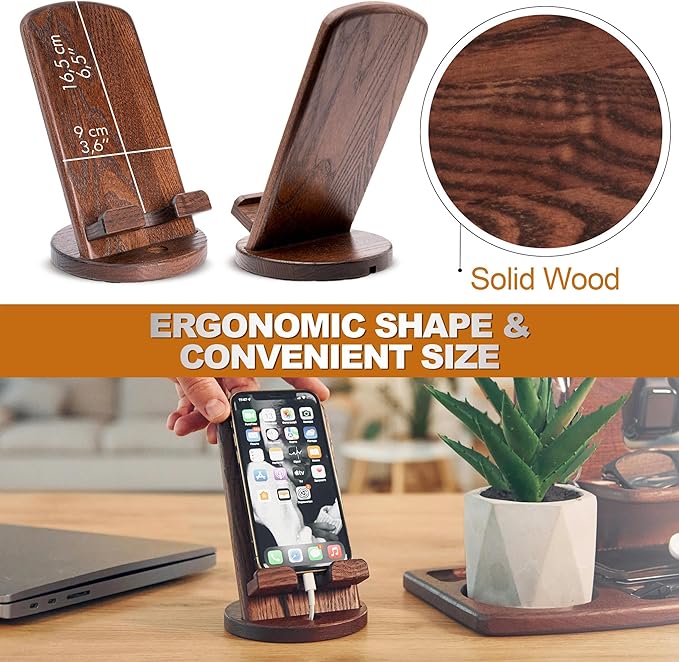 TESLYAR Wood Cell Phone Stand – Elegant Phone Holder for Nightstand & Desk | Portable Office Gift for Men, Dad & Husband | Compatible with iPhone & Android
