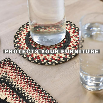 Homespice Primitive Star Gloucester Jute Braided Trivets for Table - Set of 3, Round 8", Black & Red - Rich Colors, Easy to Clean, Durable and Protects Furniture