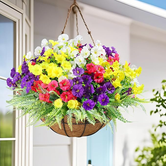 16 Bundles Outdoor Artificial Fake Flowers UV Resistant No Fade Plastic Faux Morning Glory Silk Flowers Plants for Home Garden Porch Patio Window Box Hanging Décor (Mix White Purple Fuchsia Yellow)