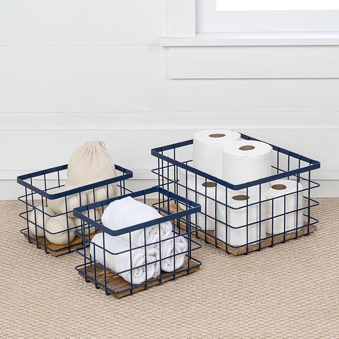 happimess BSK3004D-3SET Evvie Vintage Farmhouse Wire Metal Nesting Storage Baskets with Wood Base for Shelves, Cabinets, Pantry, Countertop, Mesh Open Bin Basket, Navy/Natural (Set of 3)