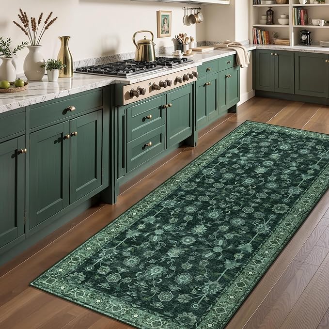 Tangsoo Green 2.6x8 Long Runner Rug Non Slip for Hallway, Washable Vintage Floral Boho Rug Runner for Kitchen Bathroom, Low Pile Carpet Door Mat Indoor Entrance for Bedroom Laundry Pet&Kids Friendly