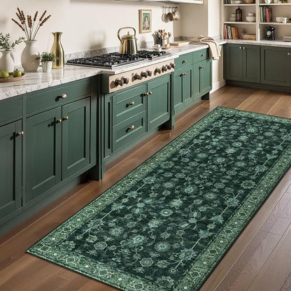 Tangsoo Green 2x5 Runner Rug Non Slip Washable for Kitchen Bathroom, Vintage Floral Boho Rug Runner for Hallway Entryway, Low Pile Carpet Door Mat Indoor Entrance for Bedroom Laundry Pet&Kids Friendly