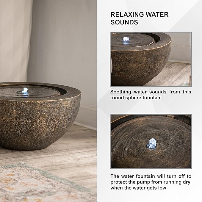 Xbrand 19.8" W Round Polyresin Indoor/Outdoor Sphere Fountain w/LED Light, Bronze