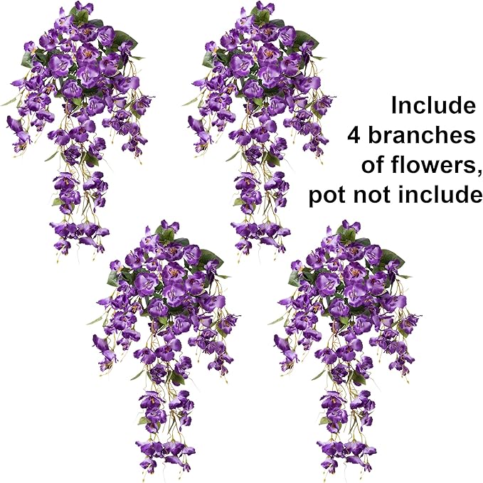 Fake Hibiscus Artificial Hanging Flowers Plants for Outdoors Spring Decoration, 4pcs Silk Hibiscus Vines Realistic UV Resistant Purple Faux Flowers for Outside Planter Porch Patio Yard Wedding Party