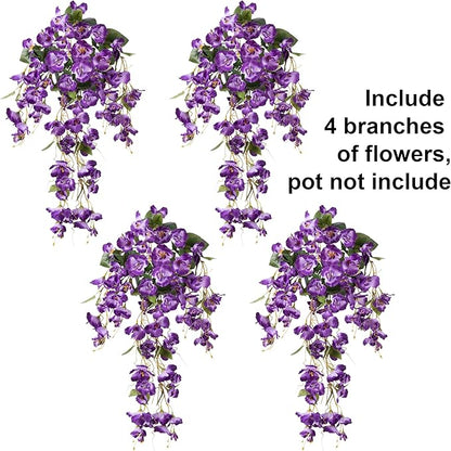 Fake Hibiscus Artificial Hanging Flowers Plants for Outdoors Spring Decoration, 4pcs Silk Hibiscus Vines Realistic UV Resistant Purple Faux Flowers for Outside Planter Porch Patio Yard Wedding Party