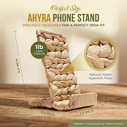 Ahyra Wicker Cell Phone Stand for Desk, Sturdy Tablet & E-Reader Holder, Handcrafted Woven Art Piece, Scratch-Free Cradle, Boho Desk Decor