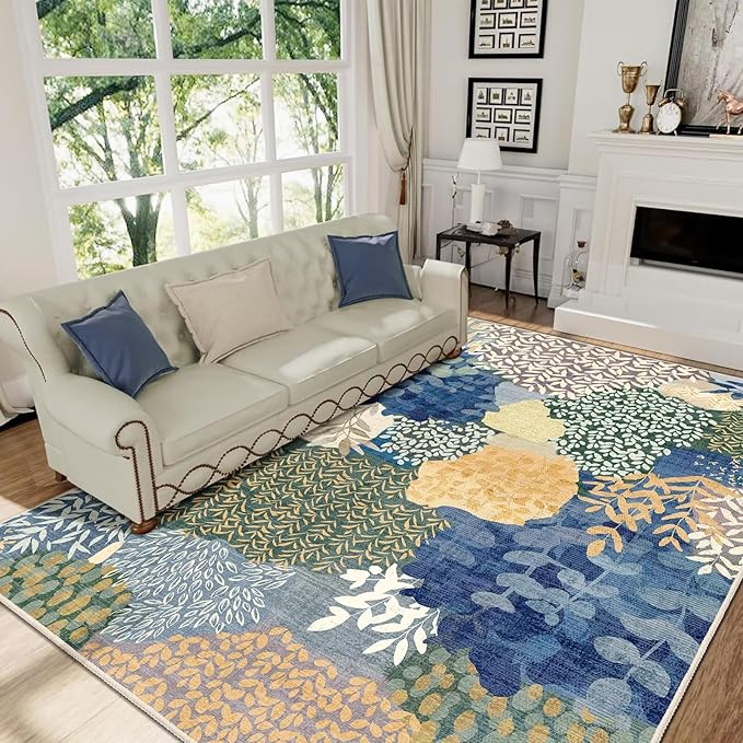 DEXDE 8x10 Area Rug, Soft Washable Abstract Area Rugs Non-Slip Vintage Boho Rug Leaves Floral Print Carpet for Living Room, Bedroom, Entryway, Office, Dining Room, Kids Playroom,Blue
