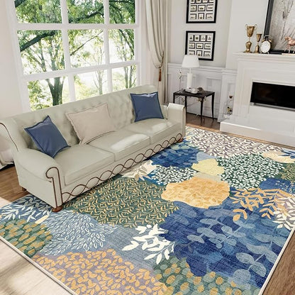 DEXDE 8x10 Area Rug, Soft Washable Abstract Area Rugs Non-Slip Vintage Boho Rug Leaves Floral Print Carpet for Living Room, Bedroom, Entryway, Office, Dining Room, Kids Playroom,Blue