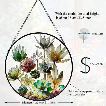Stained Glass Window Hanging, 9.8'' Succulents Sun Catcher Glass Panel Home Garden Decor with Chain, Green Plants Stained Glass Sunatcher Gift for Nature Lover, Mom, Friends