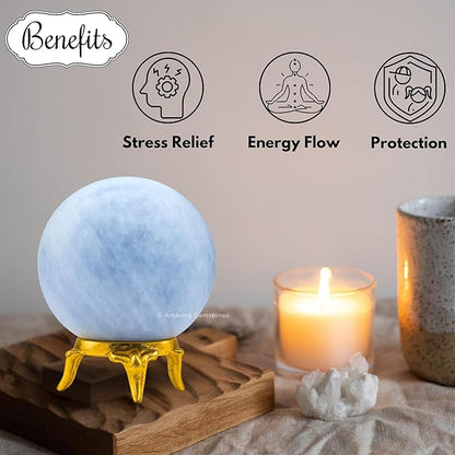 Amazing Gemstone Blue Calcite Crystal Ball with Stand - 1.5" Inches Crystal Sphere Meditation Balls for Witchcraft and Decorative Balls
