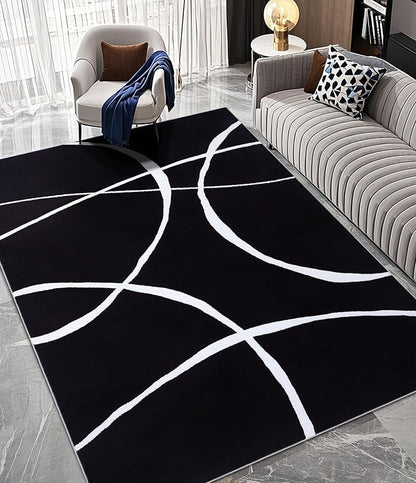 YIHOUSE Modern Washable Area Rug for Living Room Bedroom - Large Abstract Black and White Rug Non-Slip Ultra-Thin Home Decor (Dark Curve, 5'x7'ft)