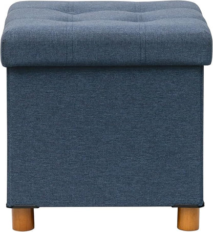PINPLUS Storage Ottoman Cube, White Linen Footrest with Wooden Legs, Foldable Fabric Footrest, Comfortable Seat with Lid, Ottoman with Storage for Living Room, 15" x 15" x 15"，Blue
