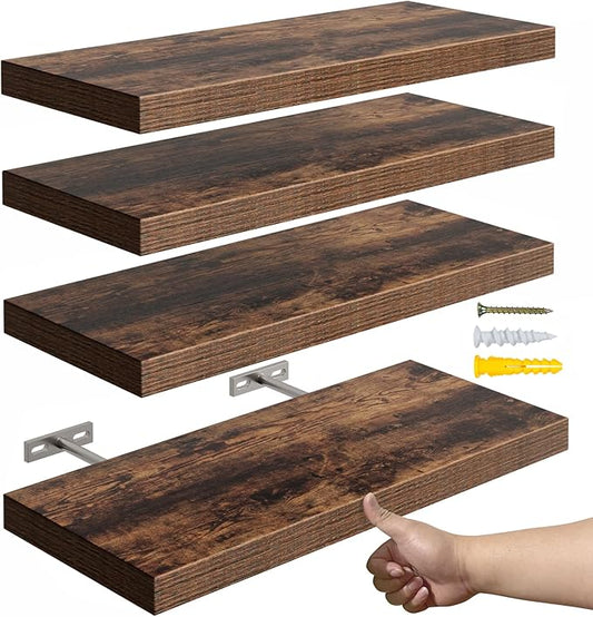 YUFLINX 16’’Rustic Brown Floating Shelves for Wall Set of 4,Rustic Wood Shelf for Room Decor/Storage/Display,Small Bookshelf,Wall Mounted Hanging Shelves for Bedroom, Bathroom, Living Room, Kitchen